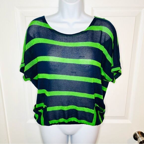 Chris & Carol Open Knit Dolman Short Sleeve Green Stripe Sweater Navy Blue S - Picture 4 of 11